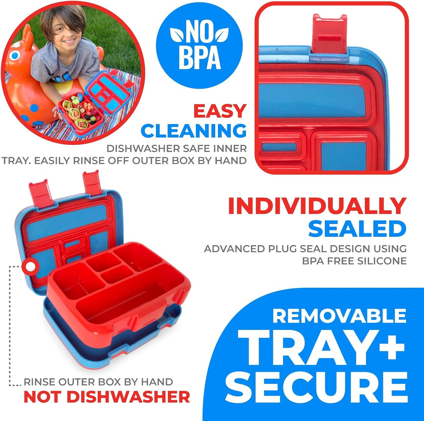 Kinsho Bento Lunch Box for Kids Toddlers, 5 Portion Control Sections, BPA Free Removable Plastic Tray, Pre-School Kid Toddler Daycare Lunches, Snack Container Ages 3 to 7 (Blue Space Rockets)