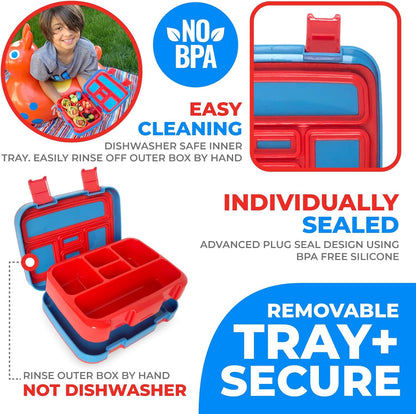 Kinsho Bento Lunch Box for Kids Toddlers, 5 Portion Control Sections, BPA Free Removable Plastic Tray, Pre-School Kid Toddler Daycare Lunches, Snack Container Ages 3 to 7 (Blue Space Rockets)
