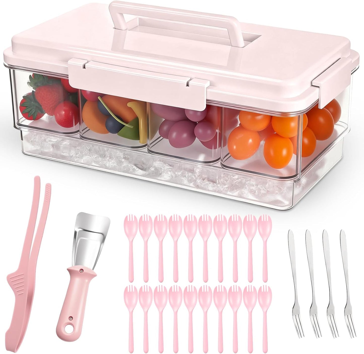Chilled Condiment Caddy with Handle 4 Containers Taco Bar Serving set for a Party 1 Tong, 1 Ice Scraper, 4 Metal Forks, 20 Spoons for Mimosa Bar Supplies Accessories(Pink)
