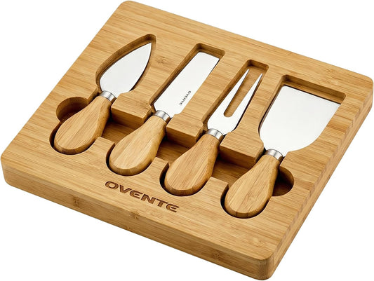 OVENTE 4 Piece Cheese Knife Set with Bamboo Handle & Wooden Case, Complete Stainless Steel Charcuterie Knives, Ideal Cheese Slicer, Spread & Butter Cutter for Party and Holiday Gift, Brown KCS5974B