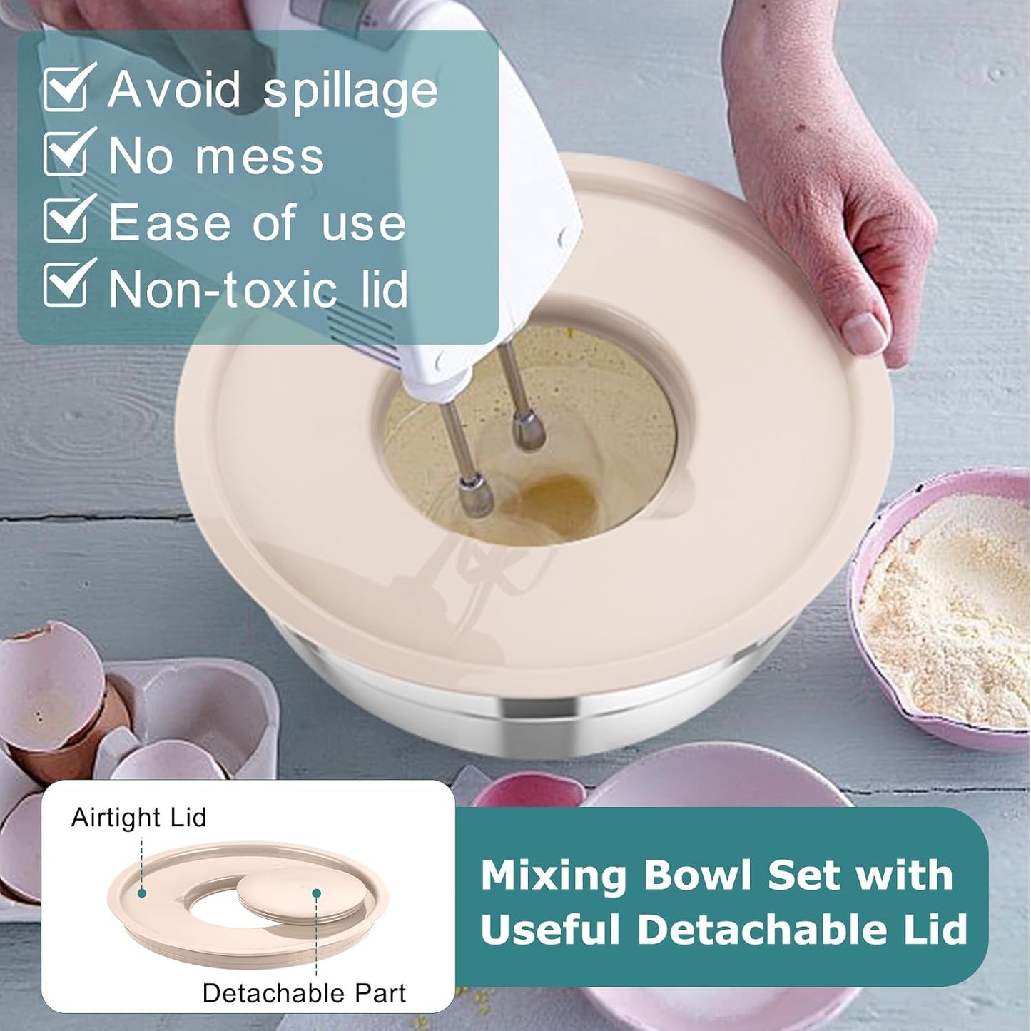 TeamFar Mixing Bowls, 5PCS Stainless Steel Nesting Salad Bowl with Lid & 3 Grater Attachments, for Prepping/Serving/Storing Food, Nontoxic, Airtight Lid & Non-slip Bottom - 4.6/3.5/2.5/1.5/1 QT