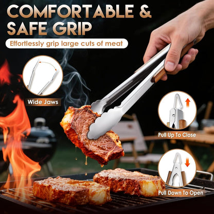 TIVOLI 4PCS Grilling Accessories, Heavy Duty BBQ Tool Set with Stainless Steel Spatula, Tongs, Fork, Cleaning Brush, Wood Handles Barbecue Utensils Kit for Outdoor, Perfect Grill Gifts for Dad Men