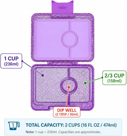 Yumbox Snack Box, 3 Compartments, Leakproof, Glitter Blue | Built-In Dip Well | Removable Compartment Tray | Easy-Open Single Latch | Lightweight & Compact | Perfect for Snacks & Sides