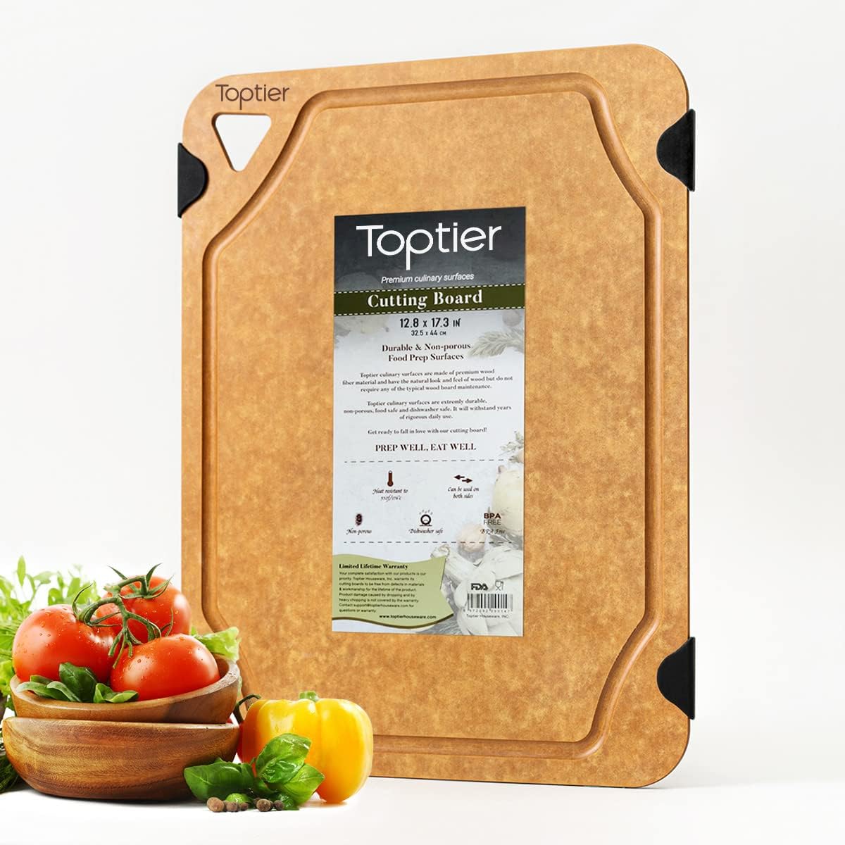 Cutting Board for Kitchen Dishwasher Safe, Toptier, Wood, Fiber , Eco-Friendly, Non-Slip, Juice Grooves, Non-Porous, BPA Free, Small, Silicone, 11.5 x 9.25-inch, Natural Slate
