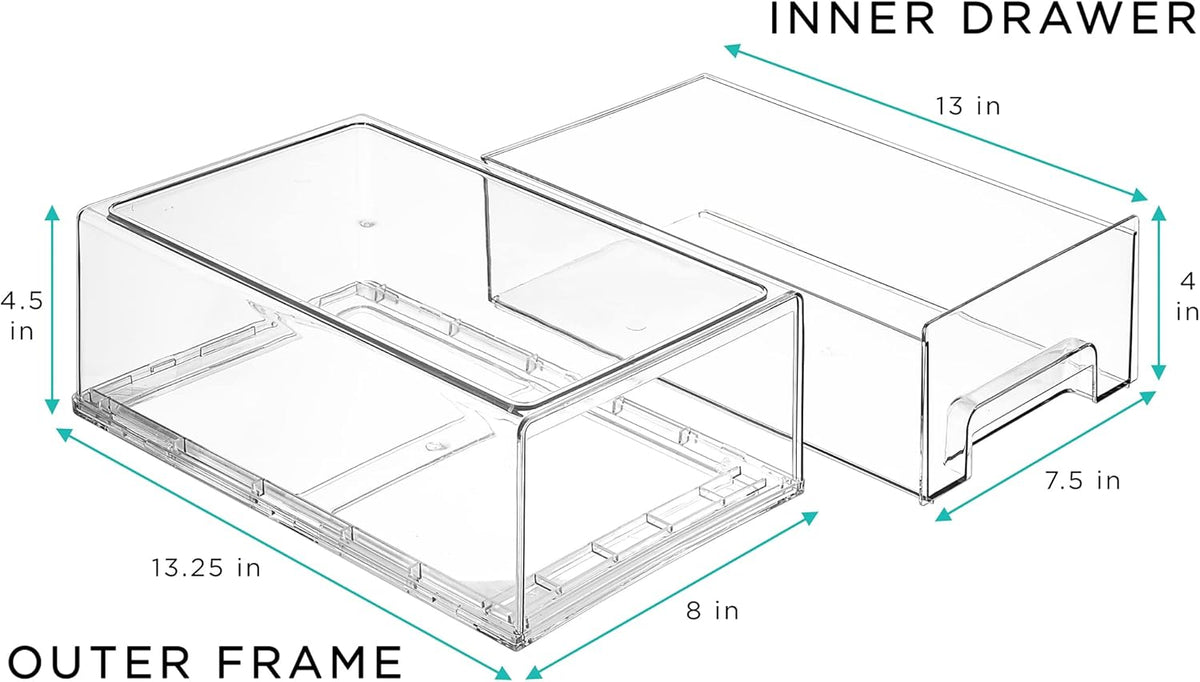 Sorbus Medium Clear Storage Drawers (6 Pack) – Stackable Organizer Drawers for Fridge, Pantry, Kitchen – Pull-Out Storage Bins with Handles, Slide Out Acrylic Drawers