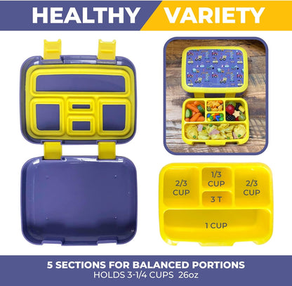 Kinsho Bento Lunch Box for Kids Toddlers, 5 Portion Control Sections, BPA Free Removable Plastic Tray, Pre-School Kid Toddler Daycare Lunches, Snack Container Ages 3 to 7 (Blue Space Rockets)