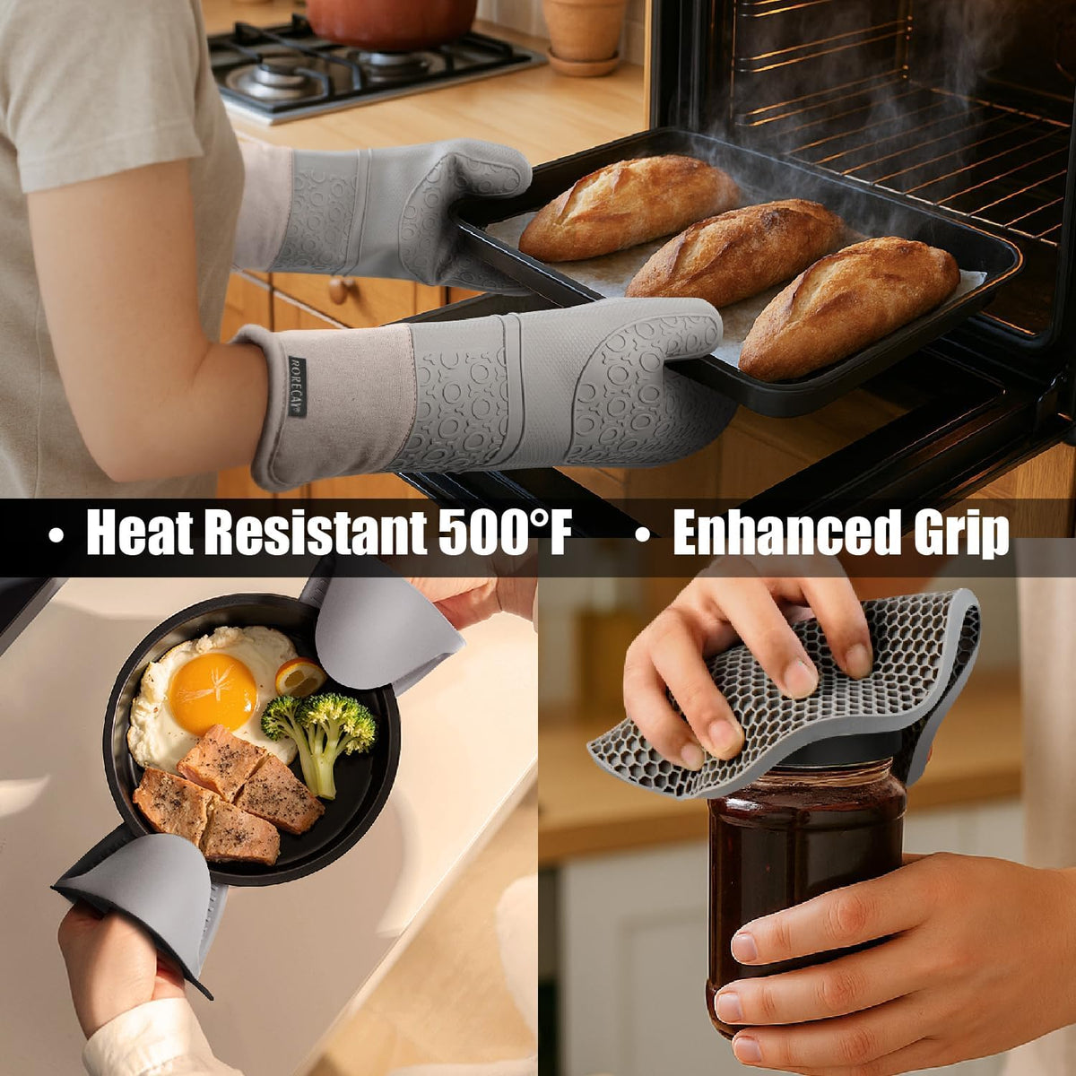 RORECAY Silicone Oven Mitts and Pot Holders Sets, Gloves for Kitchen, Beige