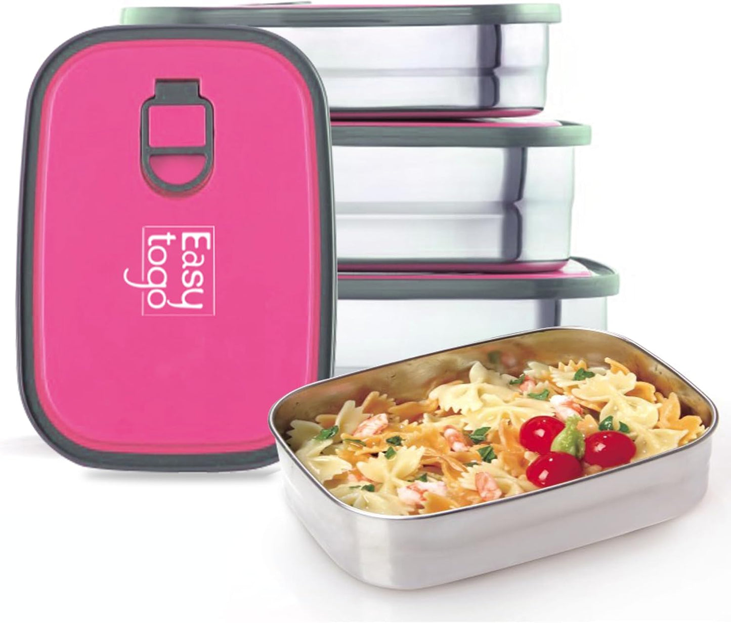 3-Pack Stainless Steel Lunch Containers – Airtight Leakproof Food Storage Boxes for Meal Prep, Snacks & Leftovers – 37oz + 23oz + 12oz, Pink Lid, Reusable Bento Set for Adults