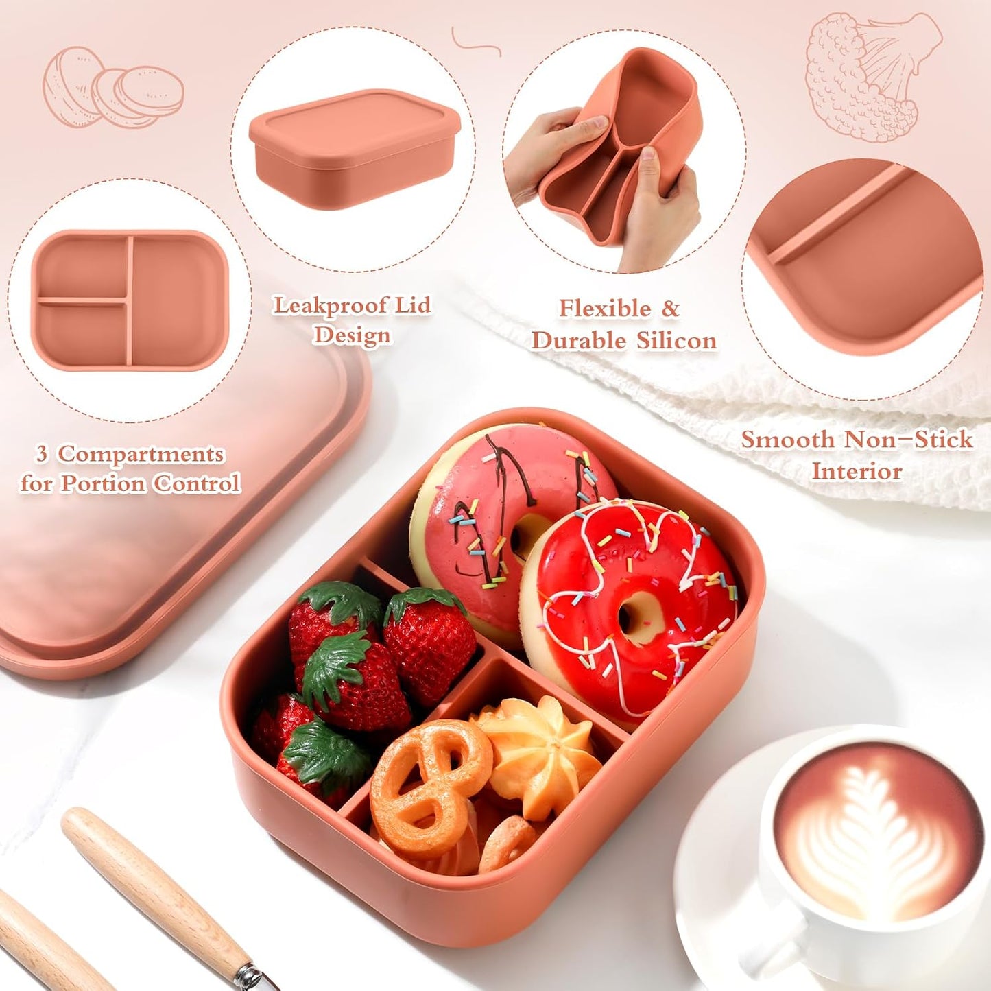 Honeydak 6 Pcs Silicone Bento Box Reusable Silicone Bento Lunch Container for Adults Microwave Dishwasher Freezer Safe 3 Compartment (Light Colors)