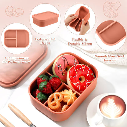 Honeydak 6 Pcs Silicone Bento Box Reusable Silicone Bento Lunch Container for Adults Microwave Dishwasher Freezer Safe 3 Compartment (Light Colors)