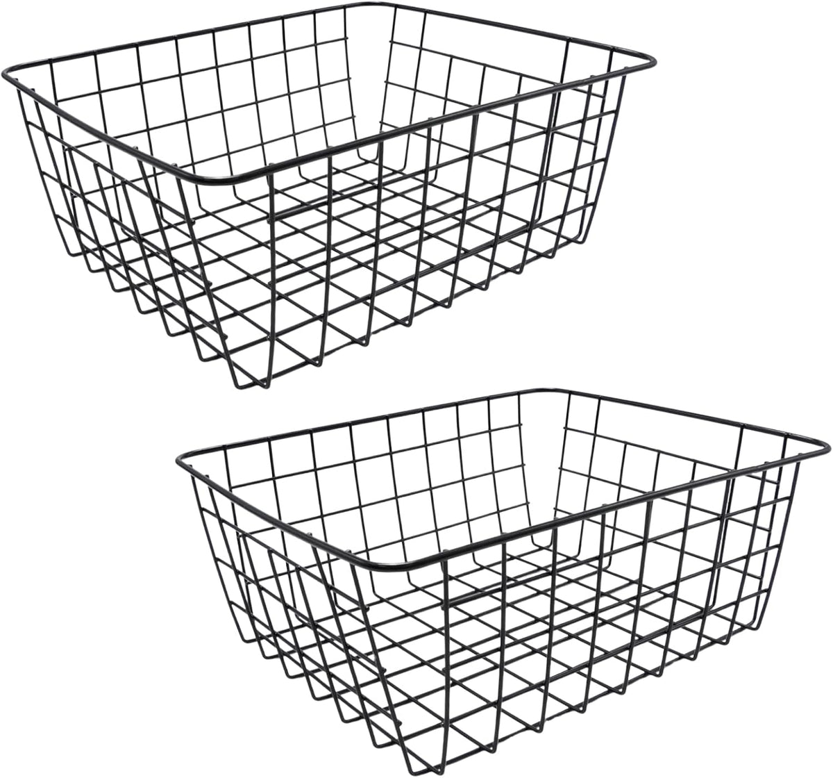 2Pcs Black Wire Kitchen Storage Baskets, Pantry Organization Accessories Basket, Stackable Metal Mesh Organizer with Handles, Multi-Purpose Basket for Fruits Bathroom Kitchen