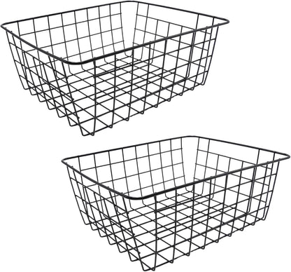 2Pcs Black Wire Kitchen Storage Baskets, Pantry Organization Accessories Basket, Stackable Metal Mesh Organizer with Handles, Multi-Purpose Basket for Fruits Bathroom Kitchen