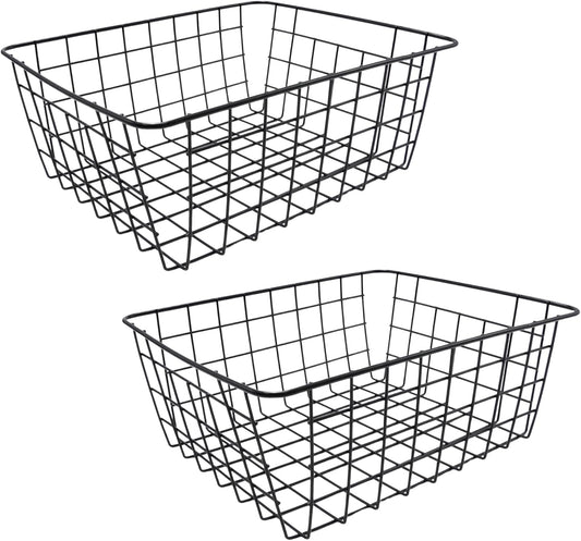 2Pcs Black Wire Kitchen Storage Baskets, Pantry Organization Accessories Basket, Stackable Metal Mesh Organizer with Handles, Multi-Purpose Basket for Fruits Bathroom Kitchen