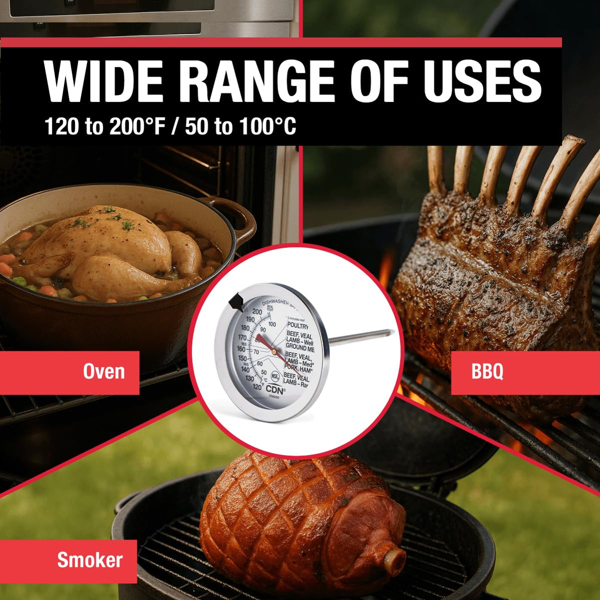 CDN Ovenproof Meat Thermometer | NSF® Certified | ProAccurate® | 1.75" Dial | For Oven & Grill Cooking | Durable Stainless Stem | Fast & Accurate Readings | IRM190