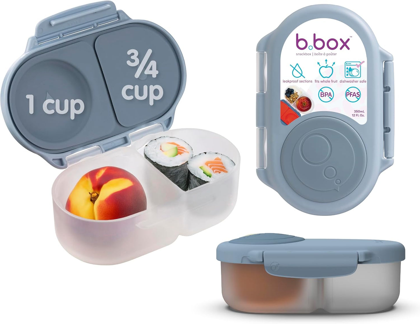 b.box Snack Box 2-Pack - Leak Proof Mini Bento Box for Kids & Toddlers, 2 Compartment Snack Containers for Kids, Dishwasher Safe, BPA-Free, PFAS-Free, Ages 4mo+, 1 3/4 Cup Each (Strawberry + Lilac)