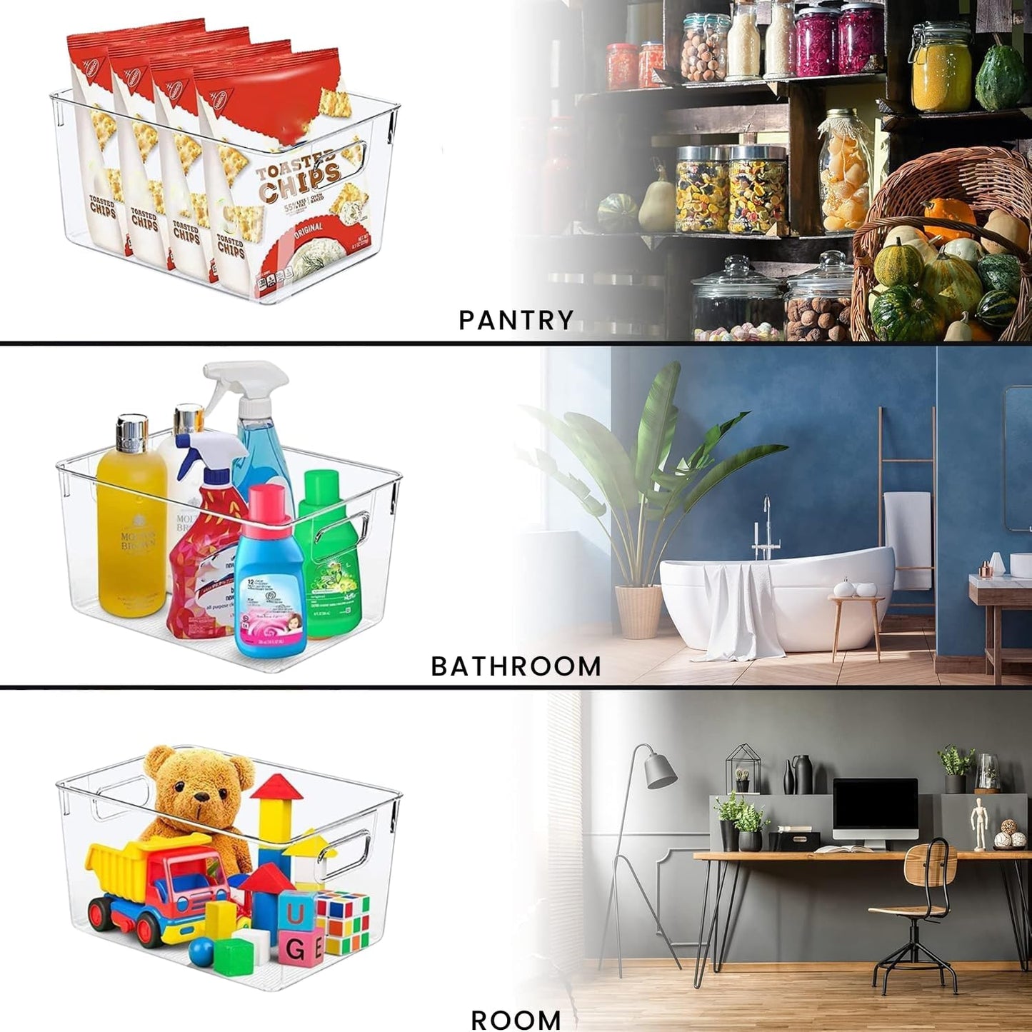 Stackable Refrigerator Organizer Large Bins, 6 Pack (3 Different Size) Clear Kitchen Organizer Container Bins with Handles for Pantry, Cabinets, Shelves, Drawer, Freezer, Fridge - Food Safe, BPA Free