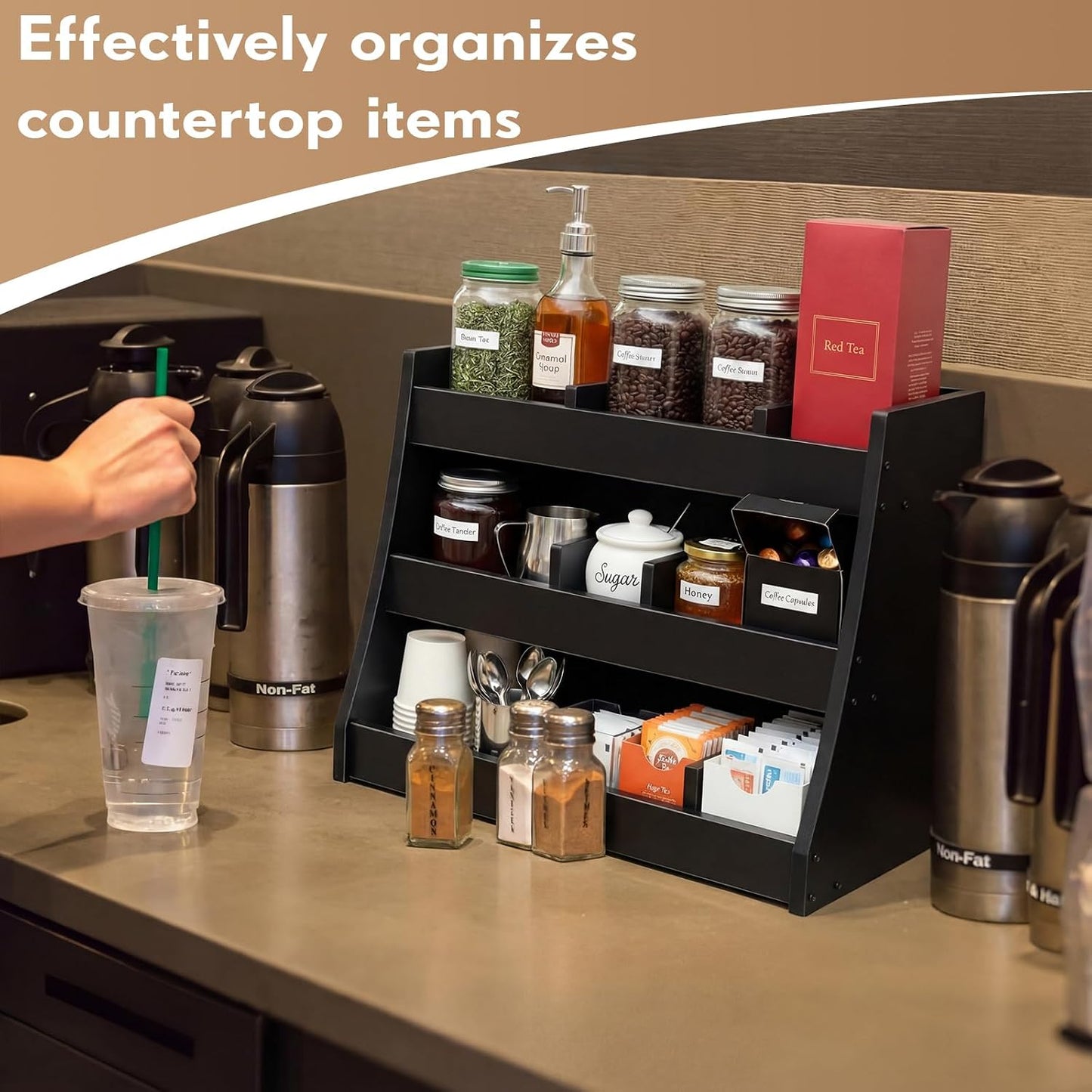 Blulu 3-tier Adjustable Condiment Organizer for Countertop Condiment Food Beverage Holder Wooden Condiments Bottle Sauce Packet Organizer Bin for Coffee Shops Restaurants Bars 14.5" x14.8" x 11.75"