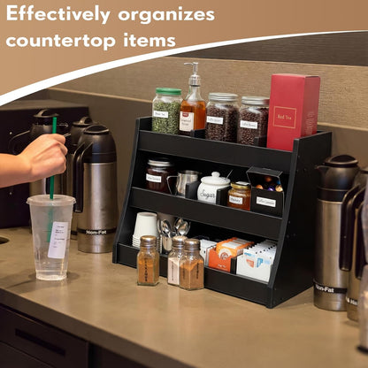 Blulu 3-tier Adjustable Condiment Organizer for Countertop Condiment Food Beverage Holder Wooden Condiments Bottle Sauce Packet Organizer Bin for Coffee Shops Restaurants Bars 14.5" x14.8" x 11.75"