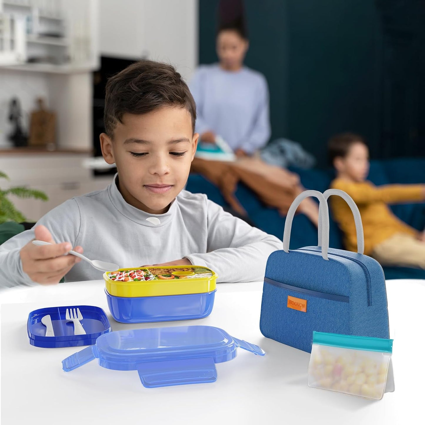 JBGOYON® Bento Lunch Box with Bag - All-in-One Stackable Lunch Containers with 3 Layers for Adults & Kids, 1900 ML Modern Bento-Style Design, Built-in Utensil Set, Lunch Bag (Purple)