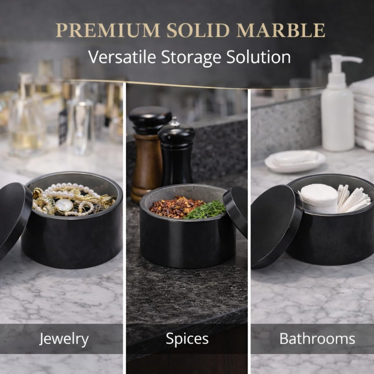 Round Marble Salt Box With Lid, 3.5" x 2"