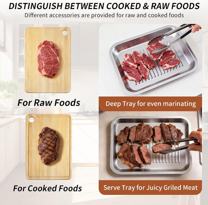 ENLOY 9-in-1 Stainless Steel Grilling Prep and Serve Trays Set, Large Capacity Food Prep Tray & Grill Carry System with Lid, Cutting Broad & 2 Food Tongs, Cleaning Cloth & 2 Gloves for Pickling Food
