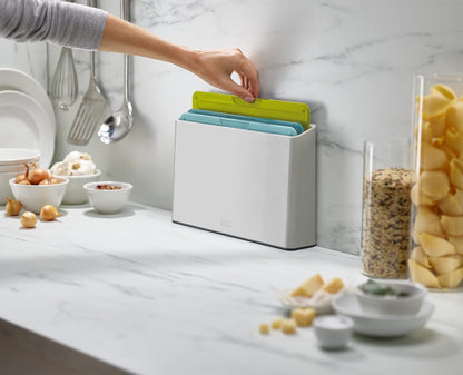 Joseph Joseph Duo 3-Piece Colour Coded Chopping Board Set with Slimline case for organised Storage, Opal