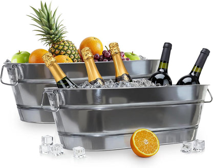PLEXON Metal Ice Bucket for Parties - Galvanized Tub with Handles - Beverage Tub - Ice Bucket for Cocktail Bar Restaurant - Drink Beer Champagne Chiller Cooler - 5.3 Gallon (20L), Set of 2
