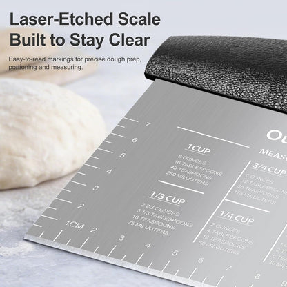 Ourokhome 2 Pack Bench Scraper Dough Cutter, Stainless Steel Dough Scraper with Laser-Etched Scale, Conversion Chart, Non-Slip Handle, Dishwasher Safe for Bread & Pastry, Black