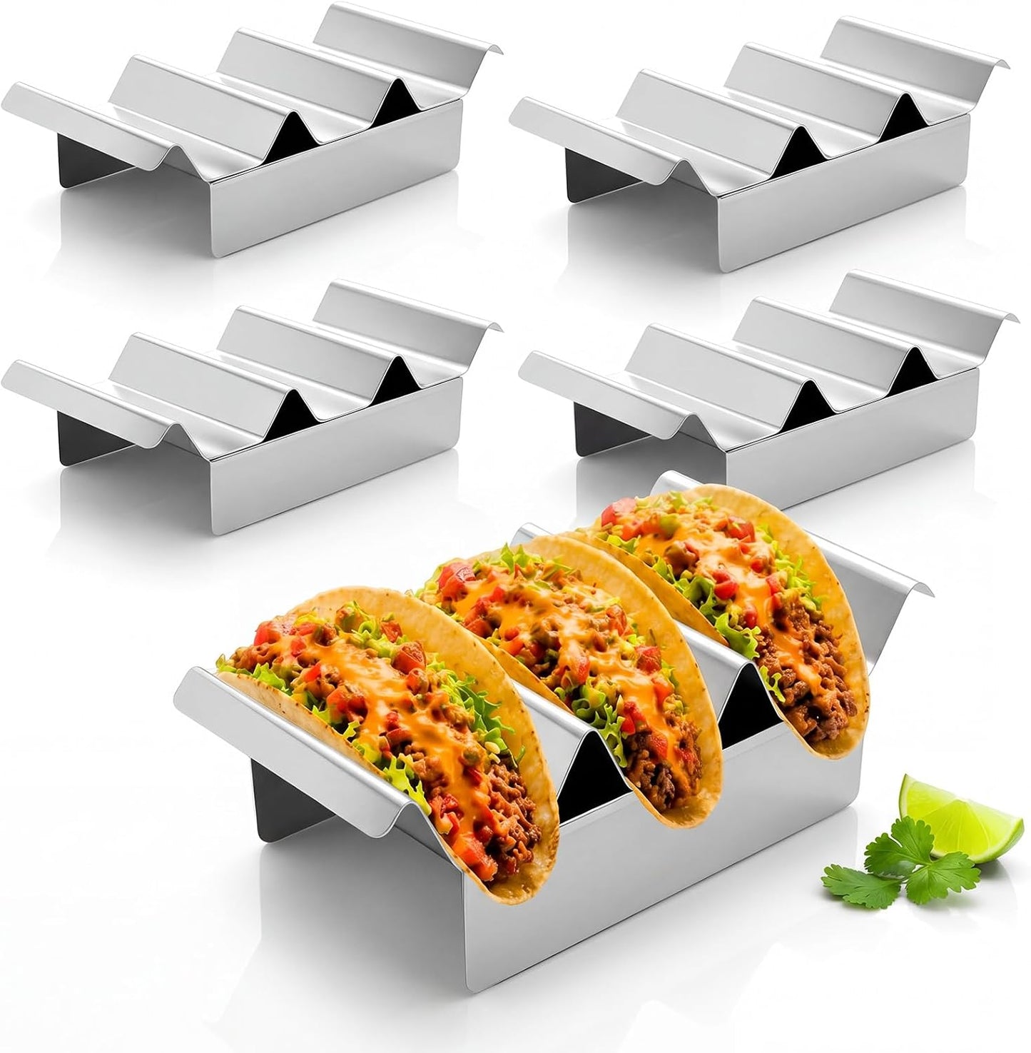 Potchen 4 Pcs 304 Stainless Taco Holder Bar with Base Taco Stands for 3 Tacos Metal Trays Easy to Clean, Dishwasher Safe, Hot Dog Prep Tray
