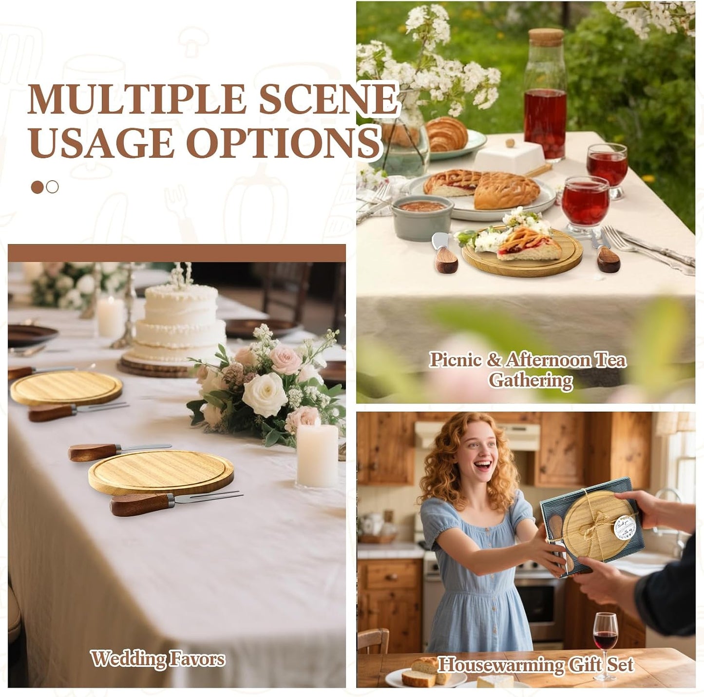Maxcheck 6 Sets Baby Shower Bridal Game Prizes for Winners Round Cheese Board Set Wood Mini Charcuterie Board with Knives and Forks Thank You Card with Gift Box for Guests Wedding (Bamboo)