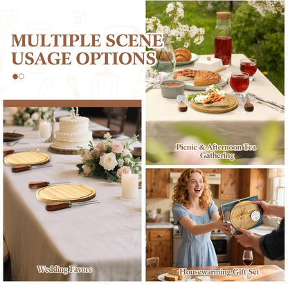 Maxcheck 6 Sets Baby Shower Bridal Game Prizes for Winners Round Cheese Board Set Wood Mini Charcuterie Board with Knives and Forks Thank You Card with Gift Box for Guests Wedding (Bamboo)