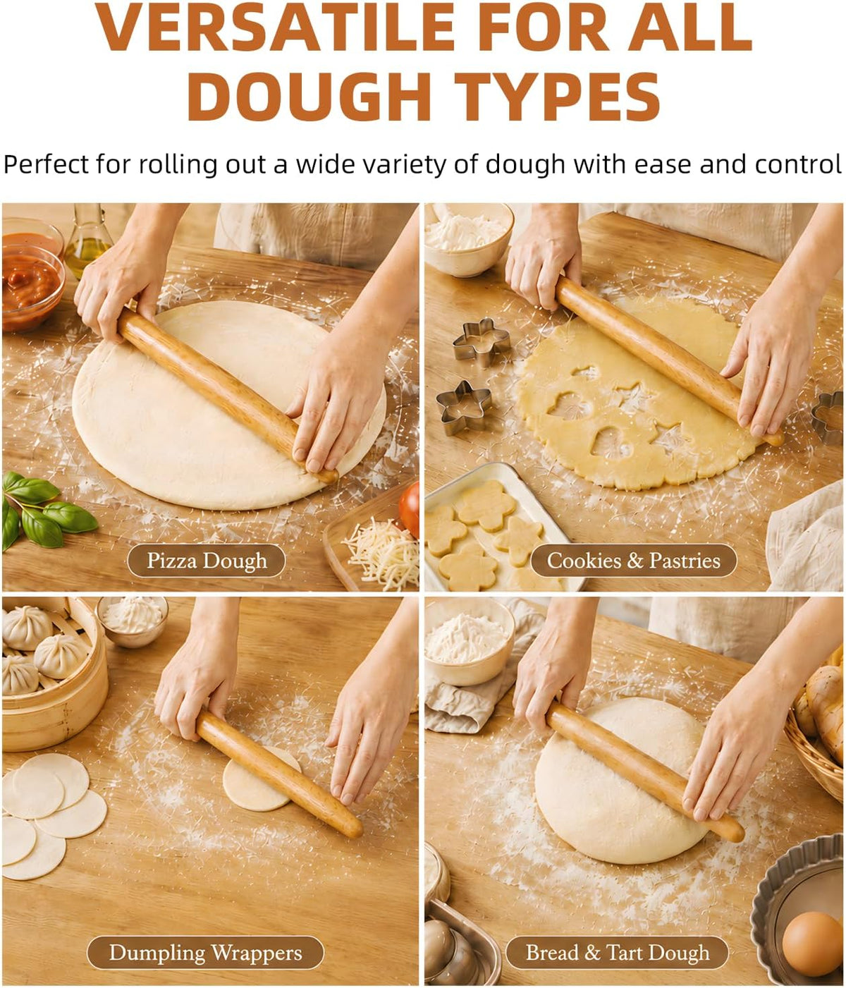 French Tapered Rolling Pin for Baking, 17 Inch Solid Wood