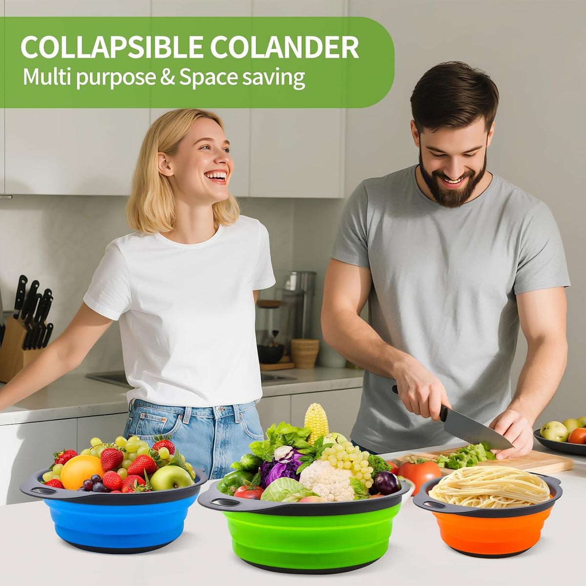 Tri-Color Silicone Collapsible Colander Set (3Pcs 2/4/6 QT) - Space Saving Foldable Strainers with Non-Slip Base for Pasta, Veggies & Camping, Dishwasher Safe Instant Fold Kitchen Gadget