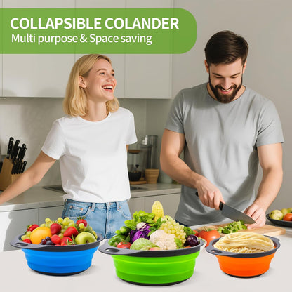 Tri-Color Silicone Collapsible Colander Set (3Pcs 2/4/6 QT) - Space Saving Foldable Strainers with Non-Slip Base for Pasta, Veggies & Camping, Dishwasher Safe Instant Fold Kitchen Gadget