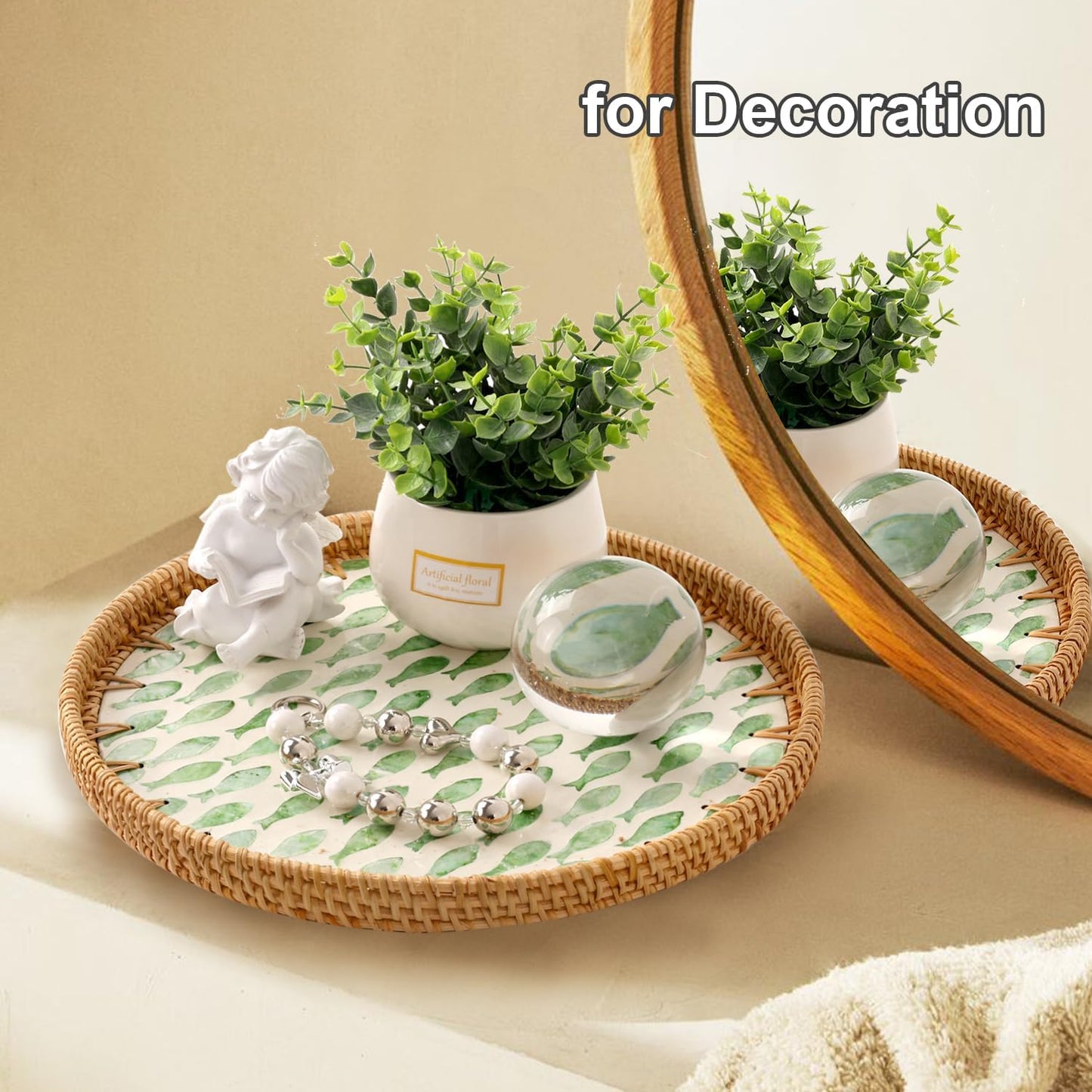 Round Rattan Tray with Mother of Pearl Inlay, Rattan Serving Tray for Coffee, Bread, Fruits, Decorative Wicker Tray for Table Decor, Home Decor, Kitchen Island Decor(Black Checkerboard, 11.8")