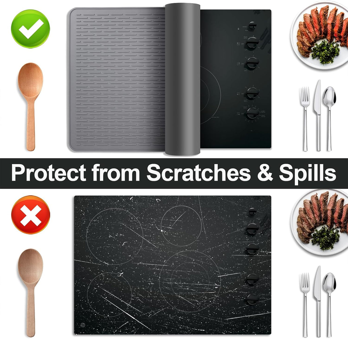 Stove Top Cover for Electric Stove- Range Covers for Electric Stove,Silicone XXL Dish Drying Mat, Glass Cooktop Covers, Flat RV Range top Mats (Black, 28"x20")