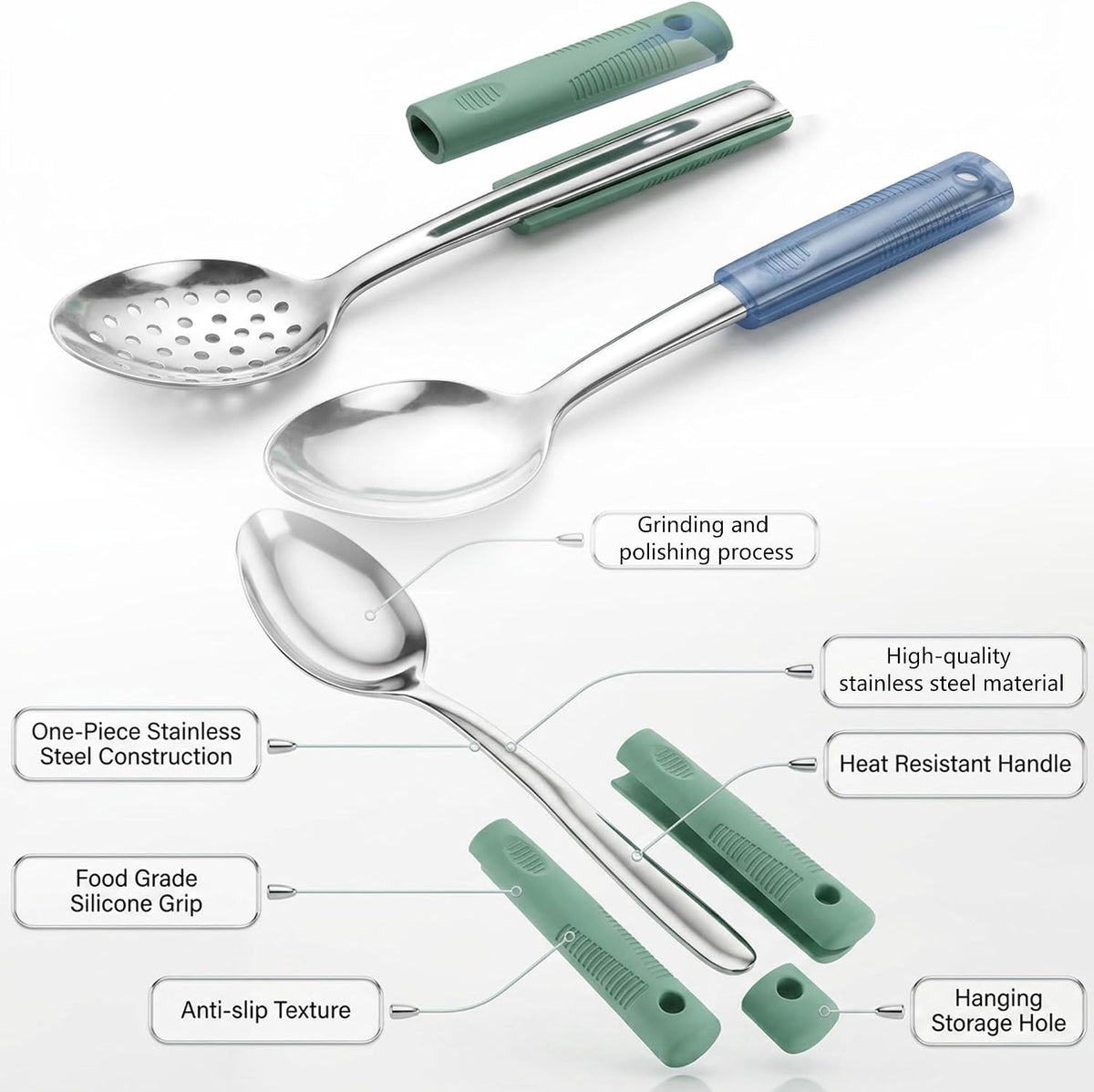 2-Piece Serving Spoons, 11-Inch, Solid & Slotted, Platinum Silicone
