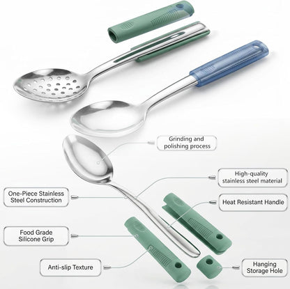 2-Piece Serving Spoons, 11-Inch, Solid & Slotted, Platinum Silicone