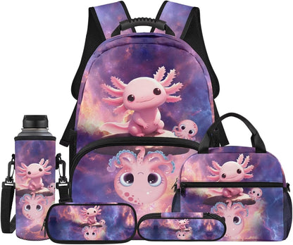 Cute Capybara Pizza Backpack for Girls, 5 Pcs Boys School Bag Set for Kids, 17 Inch Backpacks Lunch Pencil Box Reusable Utensils Case Set for Middle Elementary School, 3rd Grade Backpack