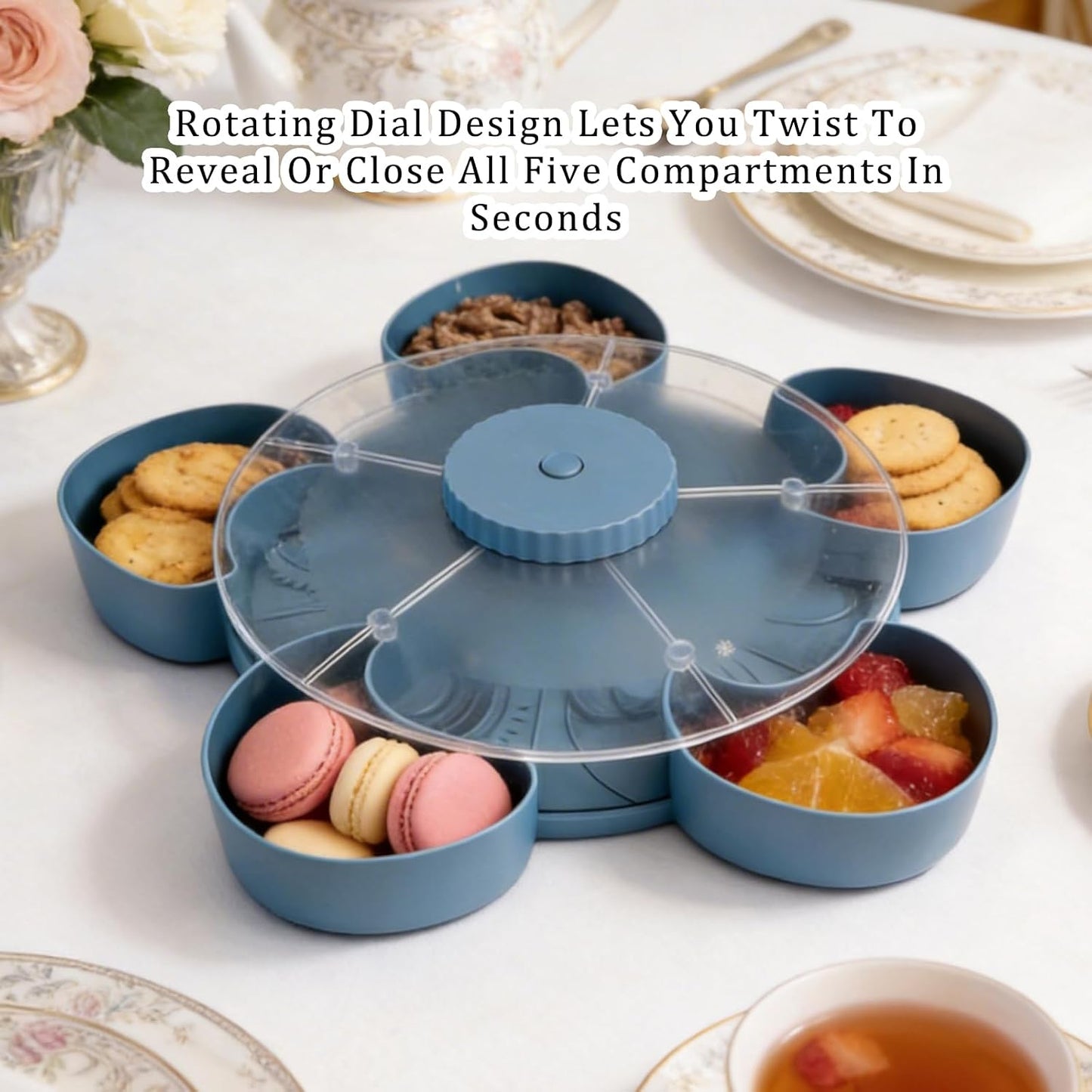 Spinning Divided Serving Tray that Spins, Swivel Spinning Rotating Snack Tray, Divided Spin and Snack Trays, Spin-to-Open Multi-Compartment Food Organizer Snack Box Spinner (1)