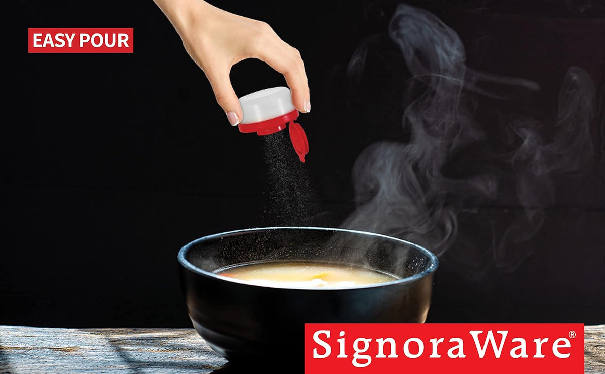SIGNORAWARE Salt and Pepper Shakers Moisture Proof Set of 2 Large Salt Shaker to go Camping Picnic Outdoors Kitchen Lunch Boxes Travel Spice Set Clear with Red Covers Lids Plastic Airtight Dispenser