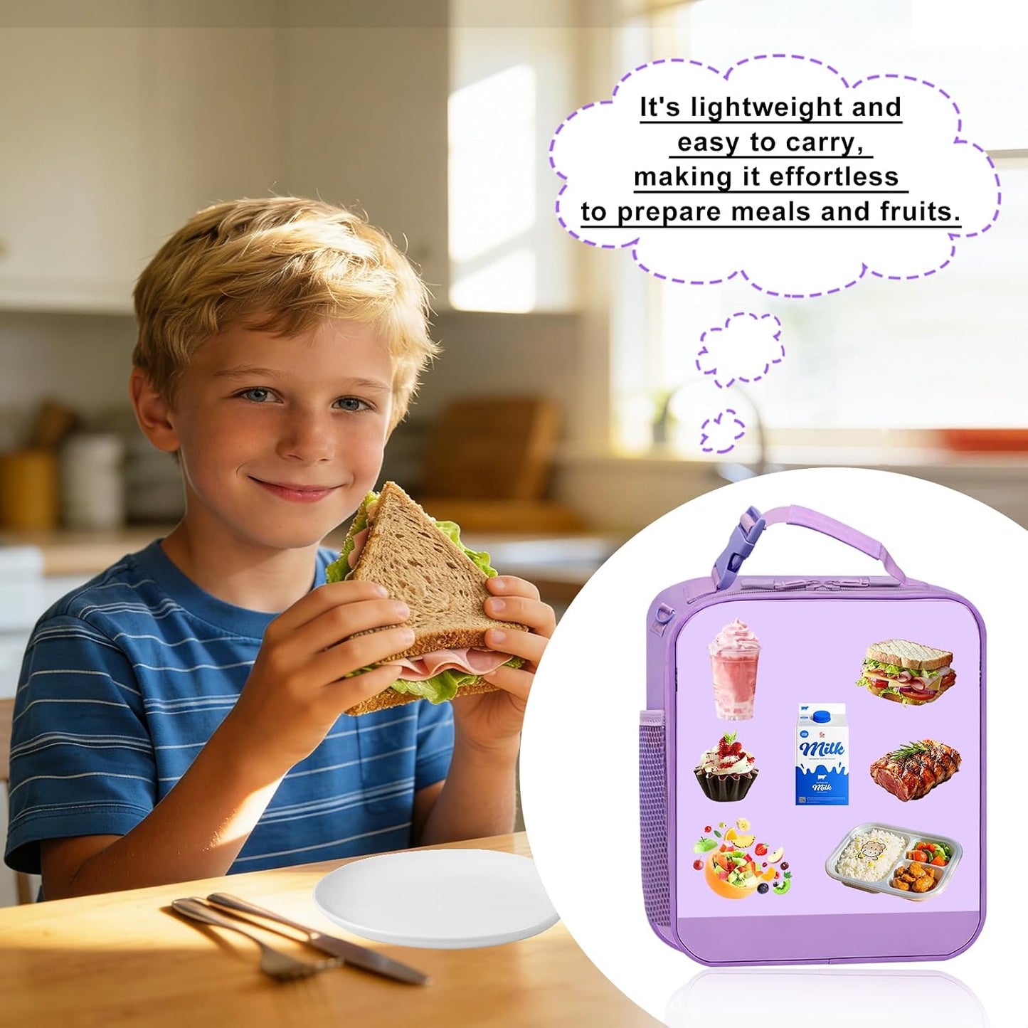 Lunch Box for Women Girls Adult Teens Kids Lunch Bag School Work Picnic Meal Food Container Carrier Purse Cooler,Insulated Lunch Tote with Handheld Shoulder Strap Water Bottle Holder Purple A