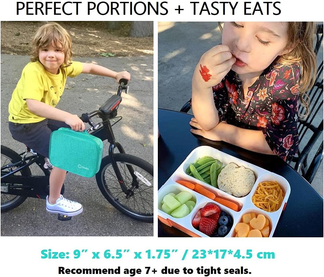 kinsho Lunch Box for Kids Boys Girls - Bento Box Set with Insulated Bag and Ice Pack, 6 Compartment Leak Proof Food Container, BPA-Free, Microwave Safe, Ideal for School & Work, Teal
