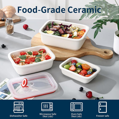 Dizada Ceramic Food Storage Containers with Lids Set of 3 - Porcelain Meal Prep Containers, Reusable Lunch Containers, Microwave Dishwasher Freezer Oven Safe