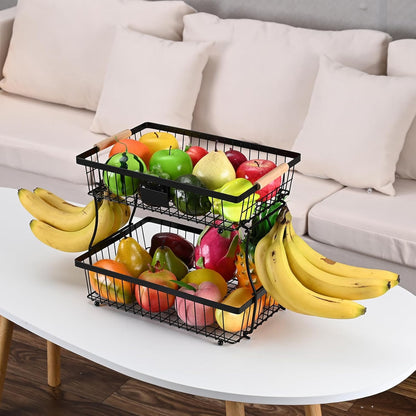 Fruit Basket Bowl 2 Tier Detachable with 2 Banana Hangers, Fruit Stand Holder for Kitchen Countertop, Metal Wire Vegetable Storage Organizer, for Bread Snack Veggies Produce, Black