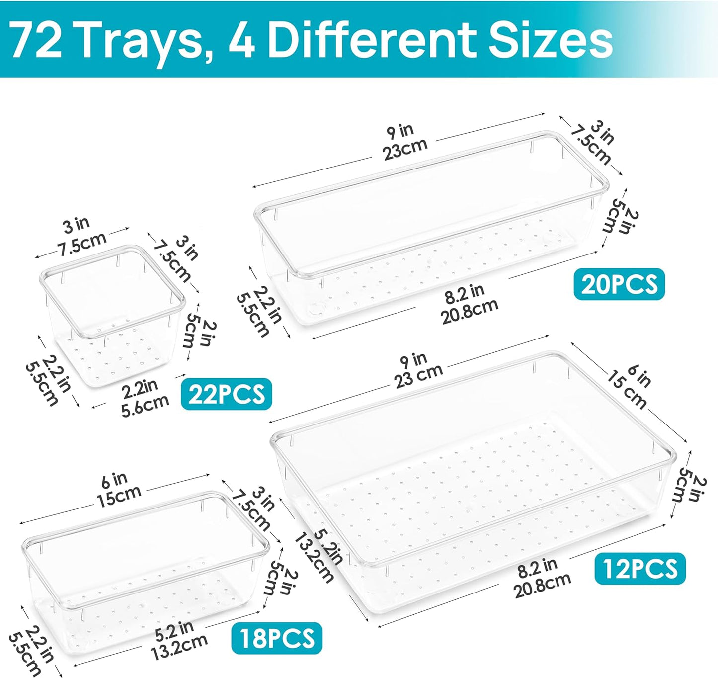Vtopmart 25 PCS Clear Plastic Drawer Organizers Set, 4-Size Versatile Bathroom and Vanity Drawer Organizer Trays, Storage Bins for Makeup, Bedroom, Kitchen Gadgets Utensils and Office