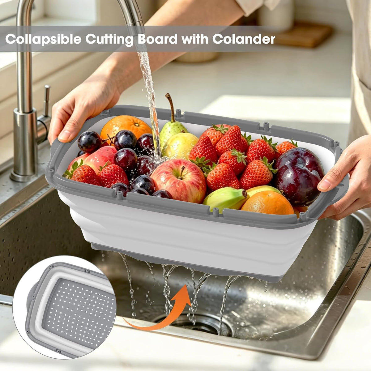 Gintan Collapsible Camping Cutting Board, 9-in-1 Chopping Board with Colander, Kitchen Vegetable Washing Basket for Camping, Camping Gifts Camping Accessories for RV Campers (Blue+Grey)