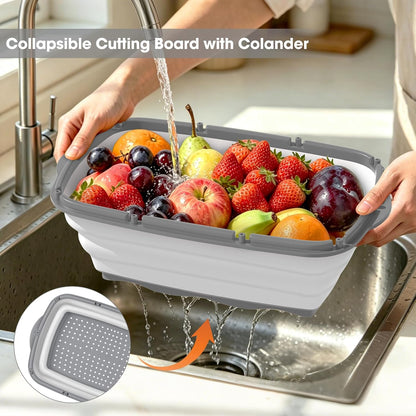 Gintan Collapsible Camping Cutting Board, 9-in-1 Chopping Board with Colander, Kitchen Vegetable Washing Basket for Camping, Camping Gifts Camping Accessories for RV Campers (Blue+Grey)