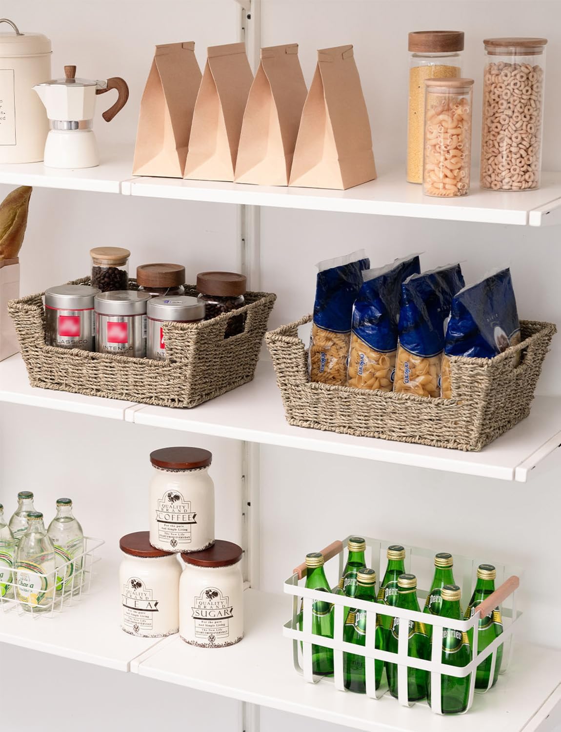 StorageWorks Round Paper Rope Woven Basket for Pantry Organizers and Storage, Stackable Pantry Storage Baskets for Shelves, Brown, 2-Pack