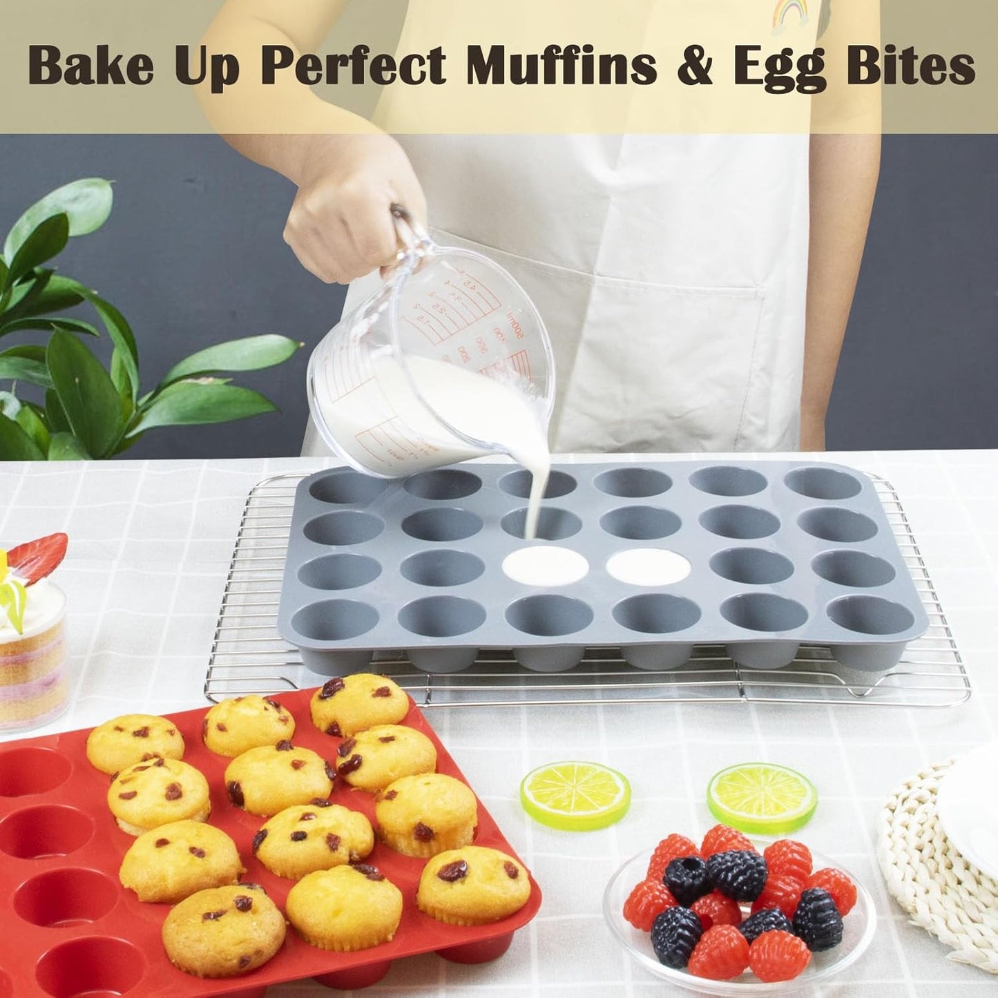 24 Cups Silicone Mini Muffin Pan Set, Nonstick Mini Cupcake Pans, BPA Free Small Muffin Tin for Baking, Set of 2 (Green+Purple)